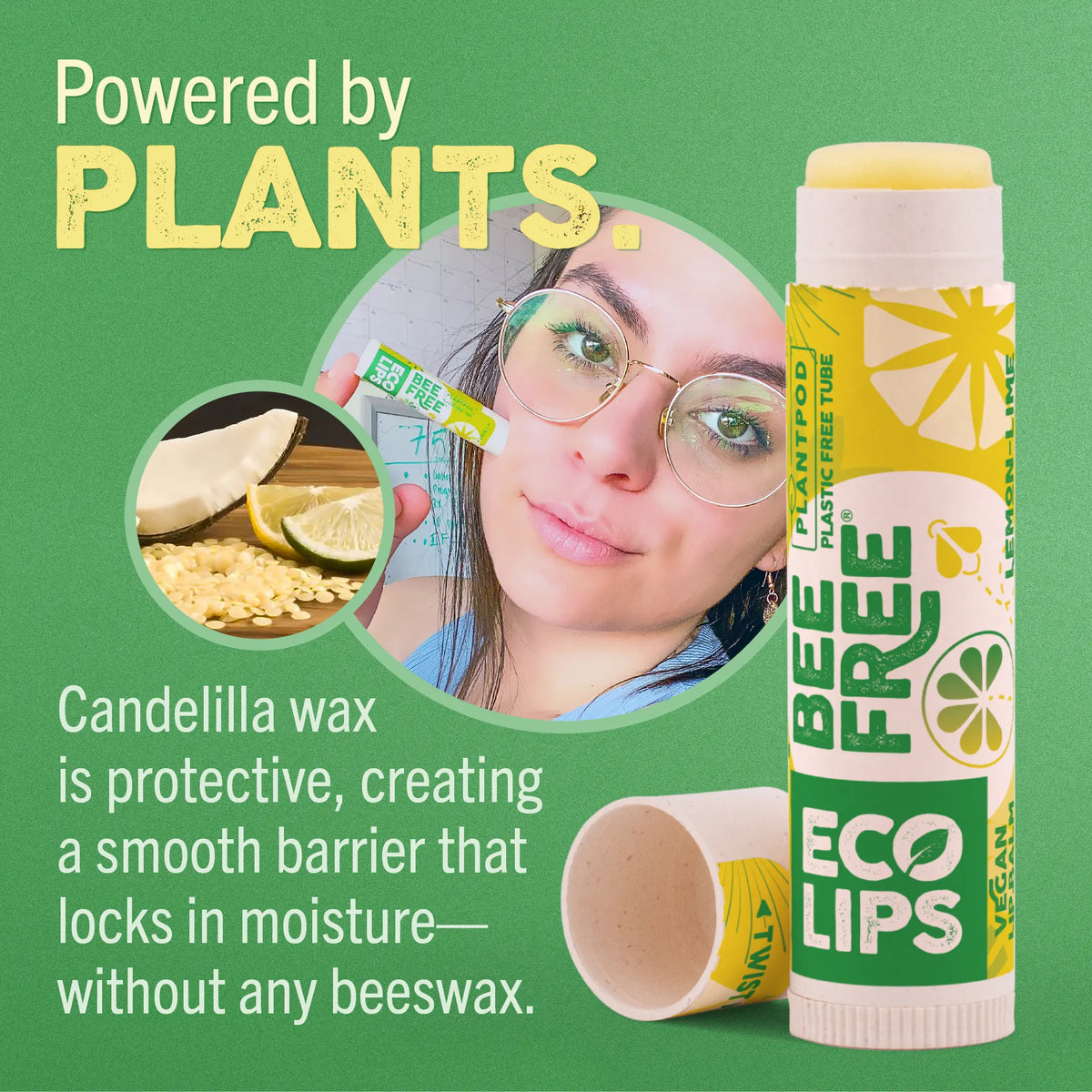 Lip balm with 'Bee Free Eco Lips' branding on a green background, featuring text about plant-based ingredients.