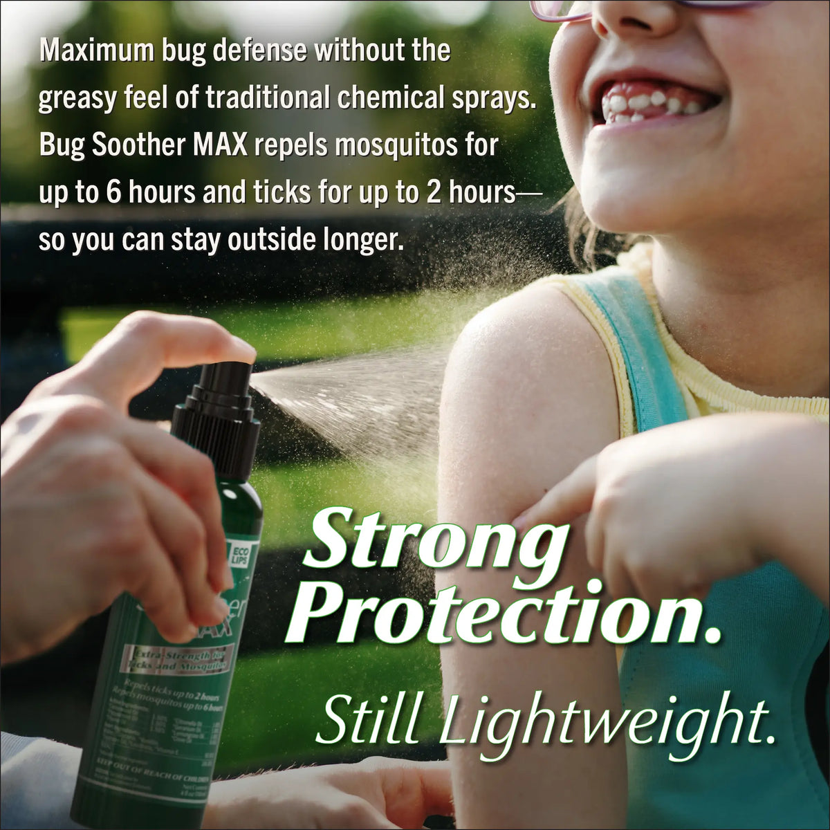 Person spraying  Bug  Soother Max on a child with text about bug defense.