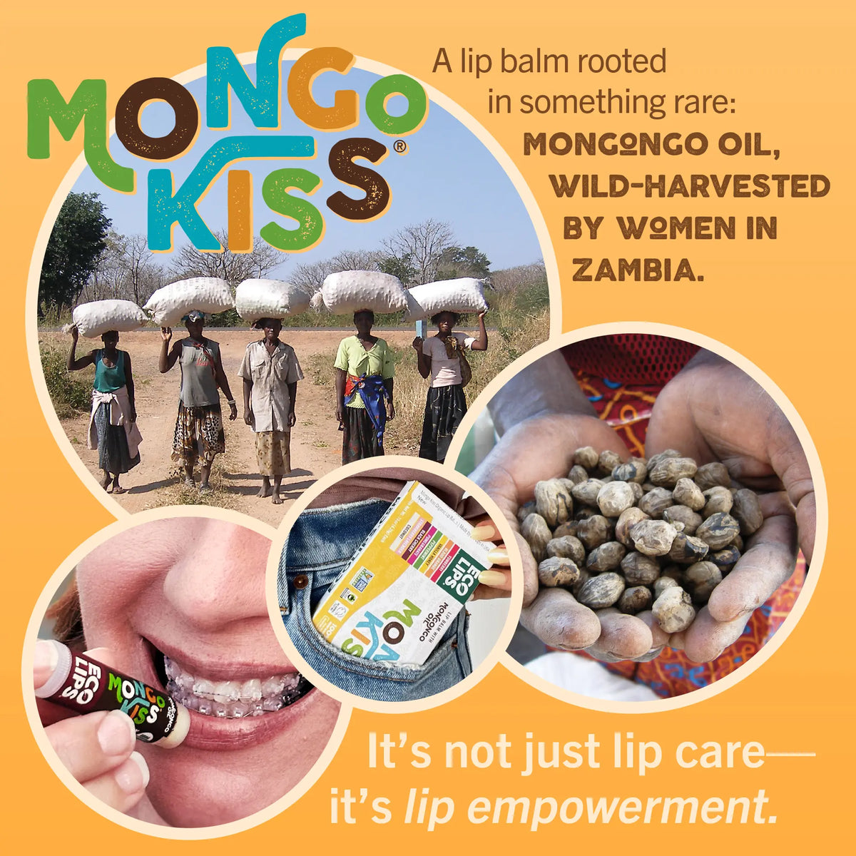 Advertisement for Mongo Kisses lip balm highlighting mongongo oil and its sourcing.