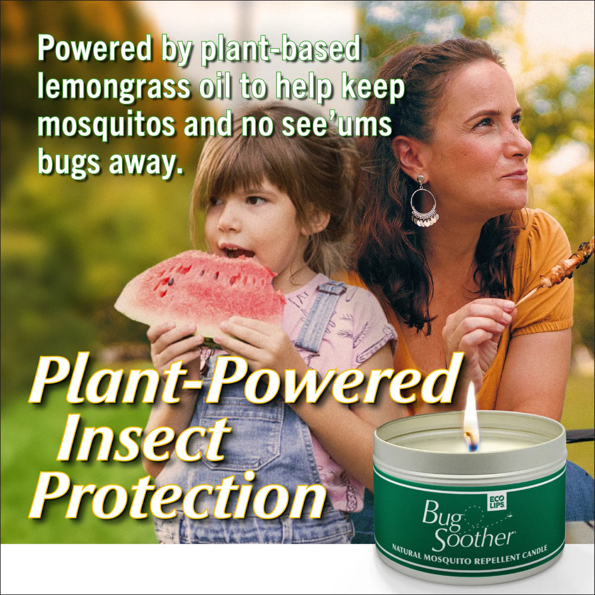 Woman and child outdoors with a Bug Soother candle, promoting plant-based lemongrass oil for insect protection.