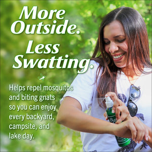 Person spraying a green bottle of Bug Soother on a dog with text about the product's benefits.