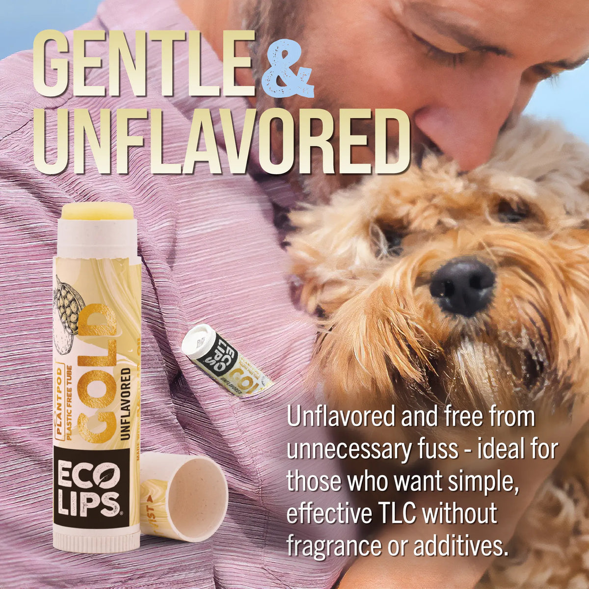 Person holding a dog with Eco Lips product packaging displayed
