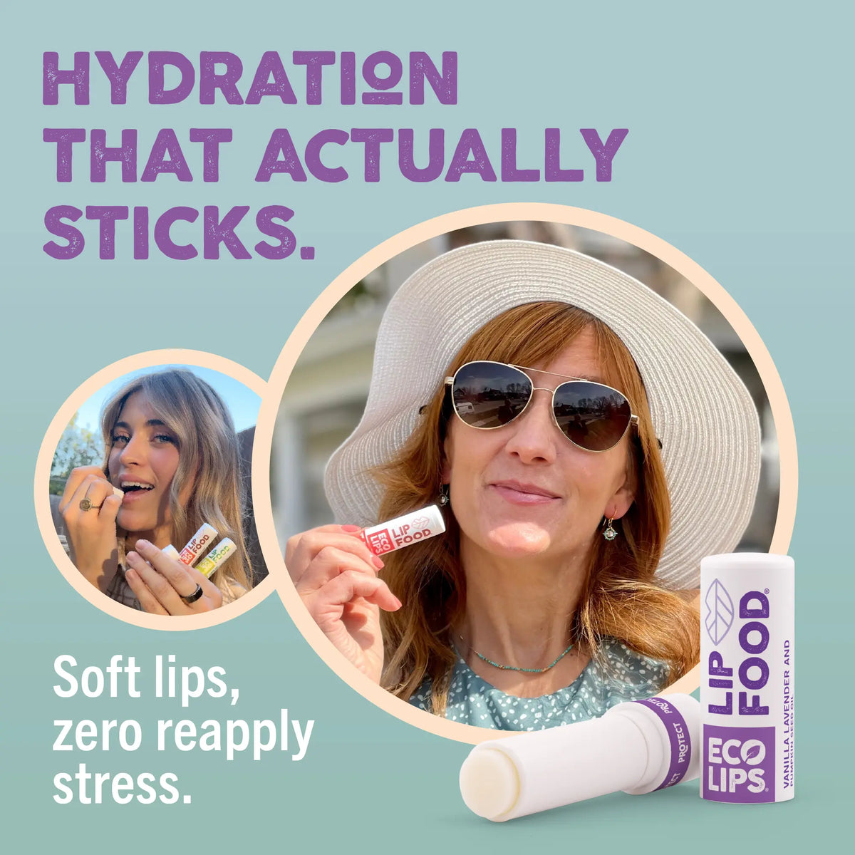 Advertisement for Lip Food lip balm with a woman applying it, text about hydration and stress relief.