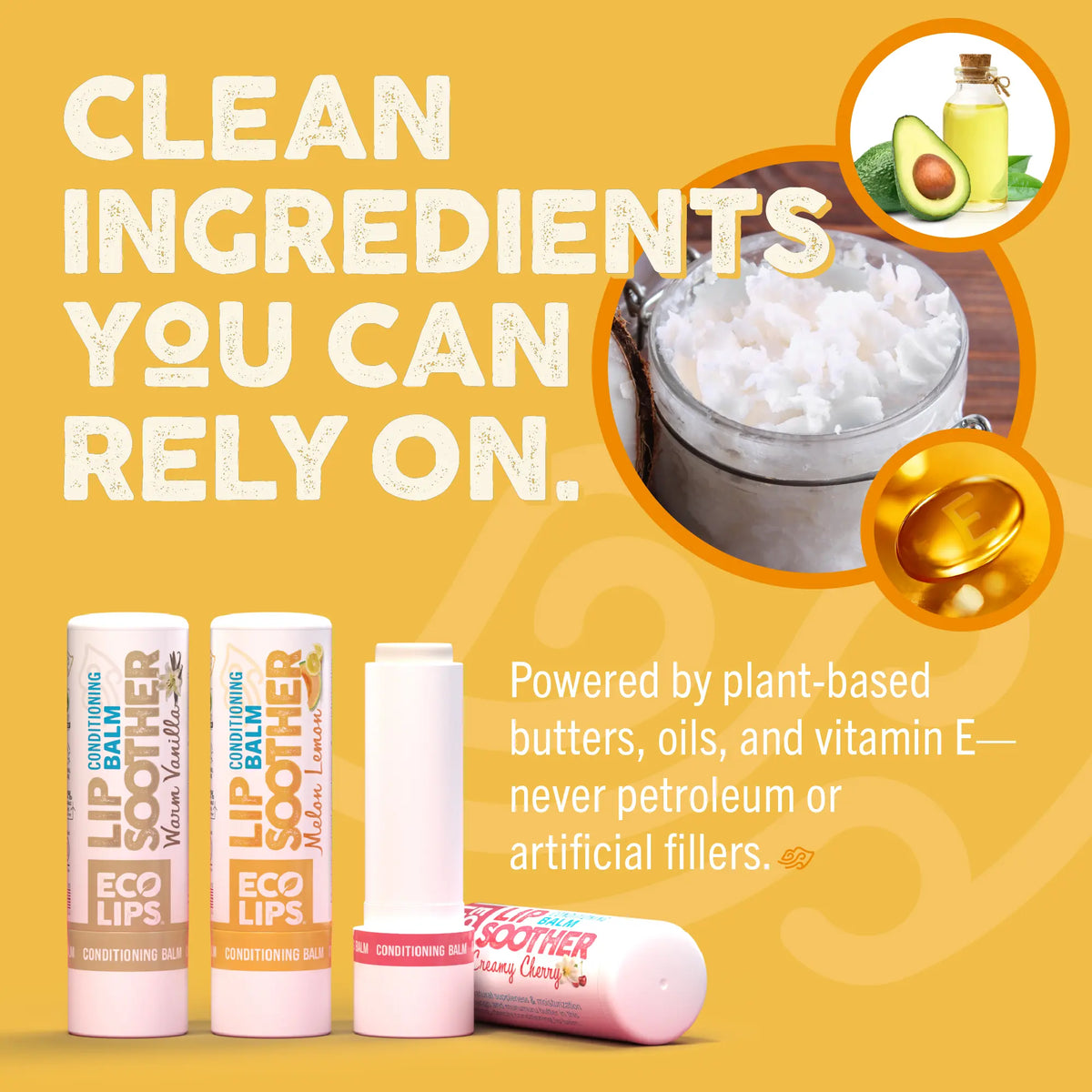 Lip balm products with clean ingredients on a yellow background