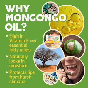Advertisement for Mongo Kisses lip balm highlighting mongongo oil and its sourcing.