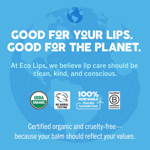 Eco-friendly lip balm advertisement with a blue background and Earth graphic, featuring certification logos.