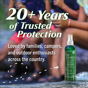 Man and child outdoors with text about plant-based bug control product.