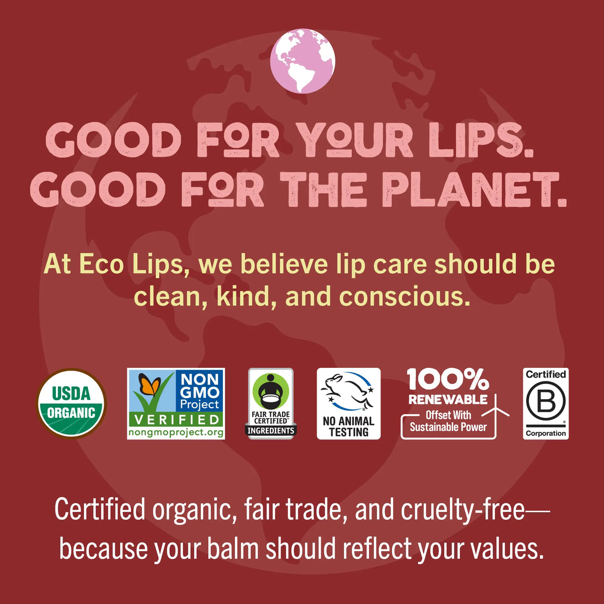 Eco-friendly lip balm advertisement with certification logos on a red background.