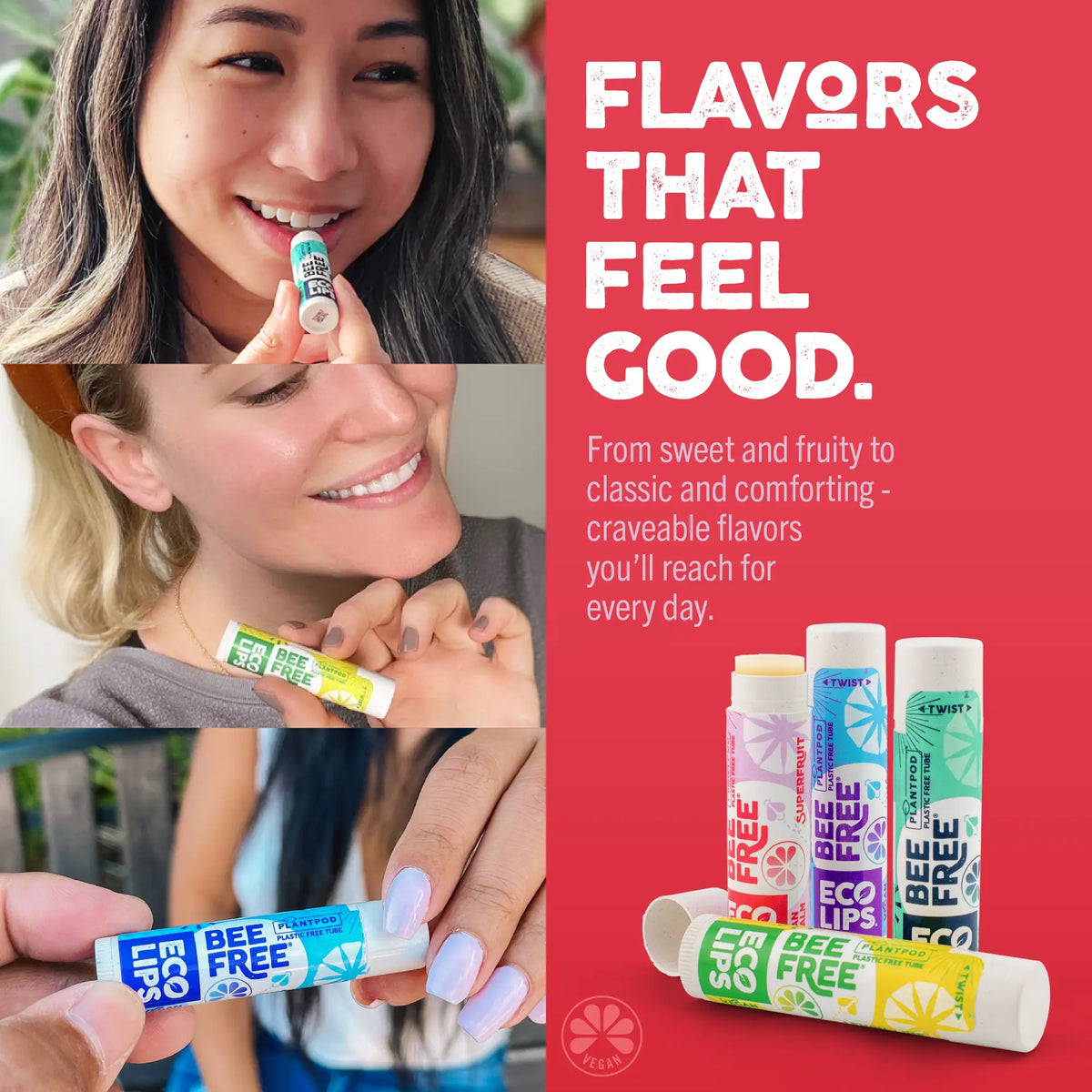 Advertisement for Bee Free lip balms with people using them and text about flavors.