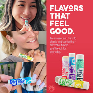 Advertisement for 'Bee Free, Naturally' lip balm with a woman, berries, and product packaging on a pink background.
