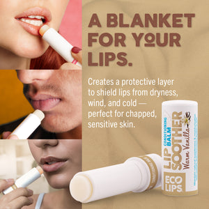 Advertisement for Eco Lips lip balm with sustainability claims and logos on a beige background.