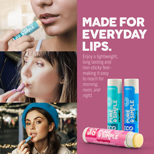 Collage of people using lip balm with product packaging on a pink background.