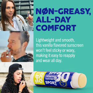 SPF lip balm with the lid attached to the carabiner