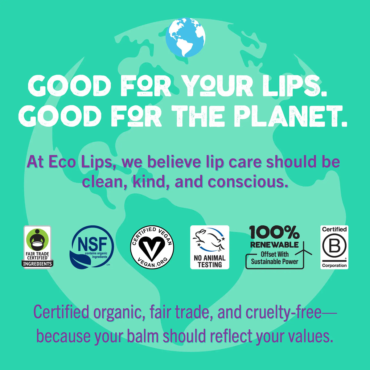 Bee Free Eco Lips product with certification details on a green background.
