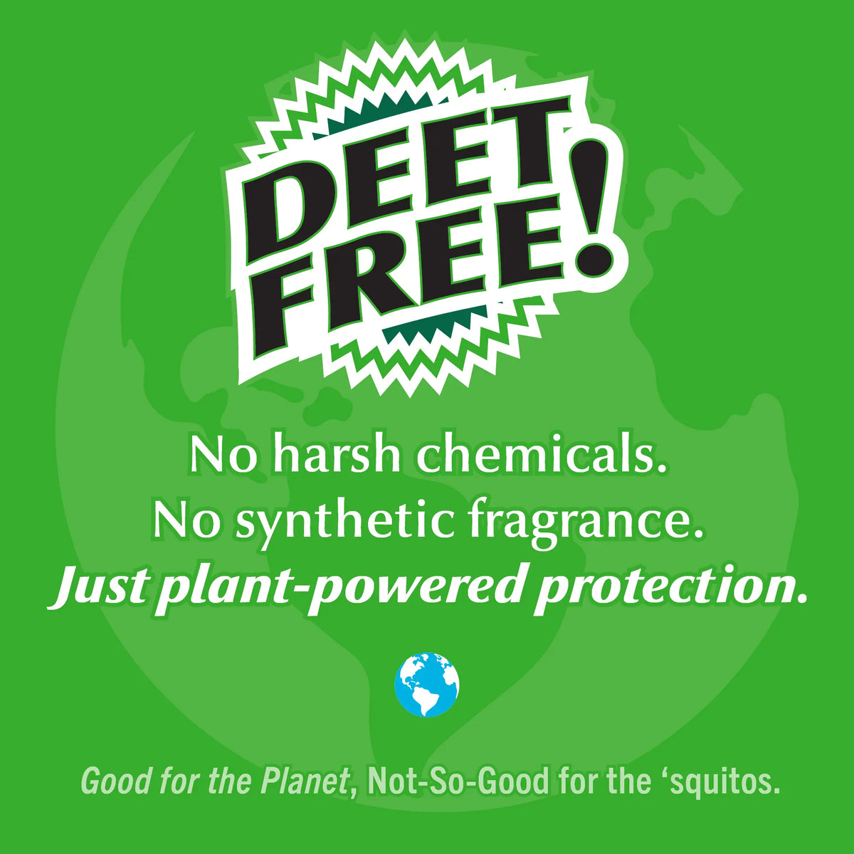 Advertisement for 'DEET FREE!' with text on a green background.
