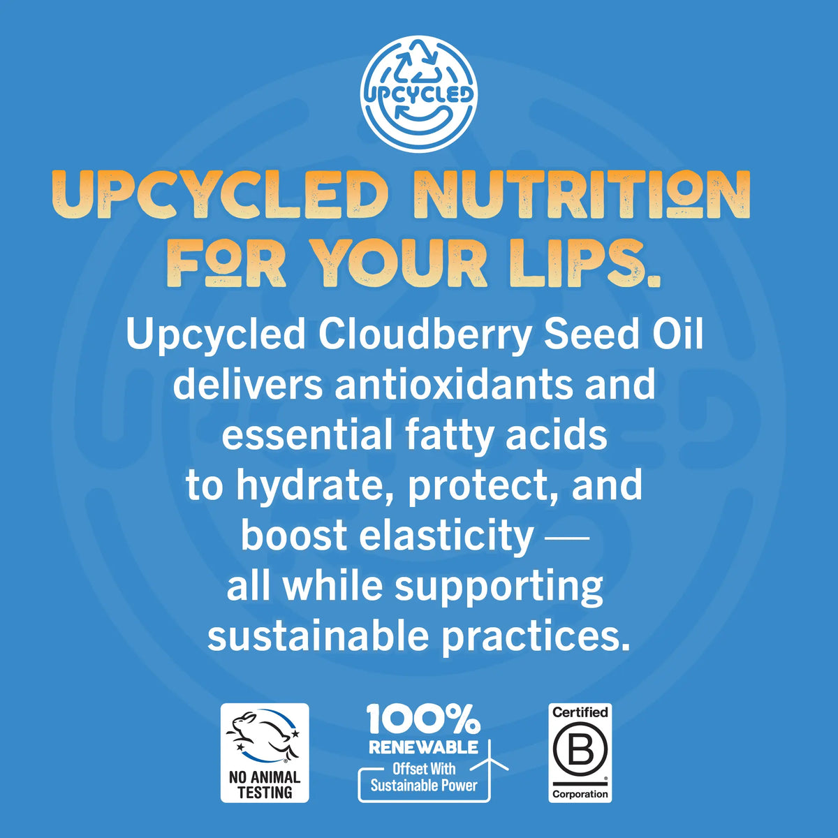Advertisement for upcycled lip care product with blue background and text about Cloudberry Seed Oil.