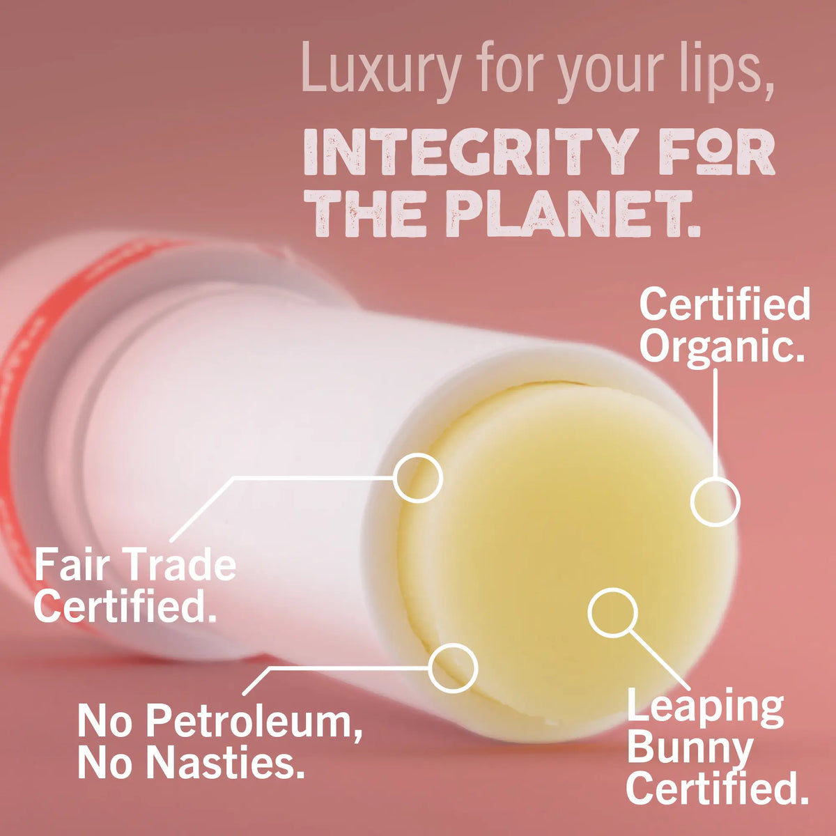 Lip balm with certification labels on a pink background