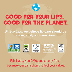 Advertisement for Eco Lips lip balm with sustainability claims and logos on a beige background.
