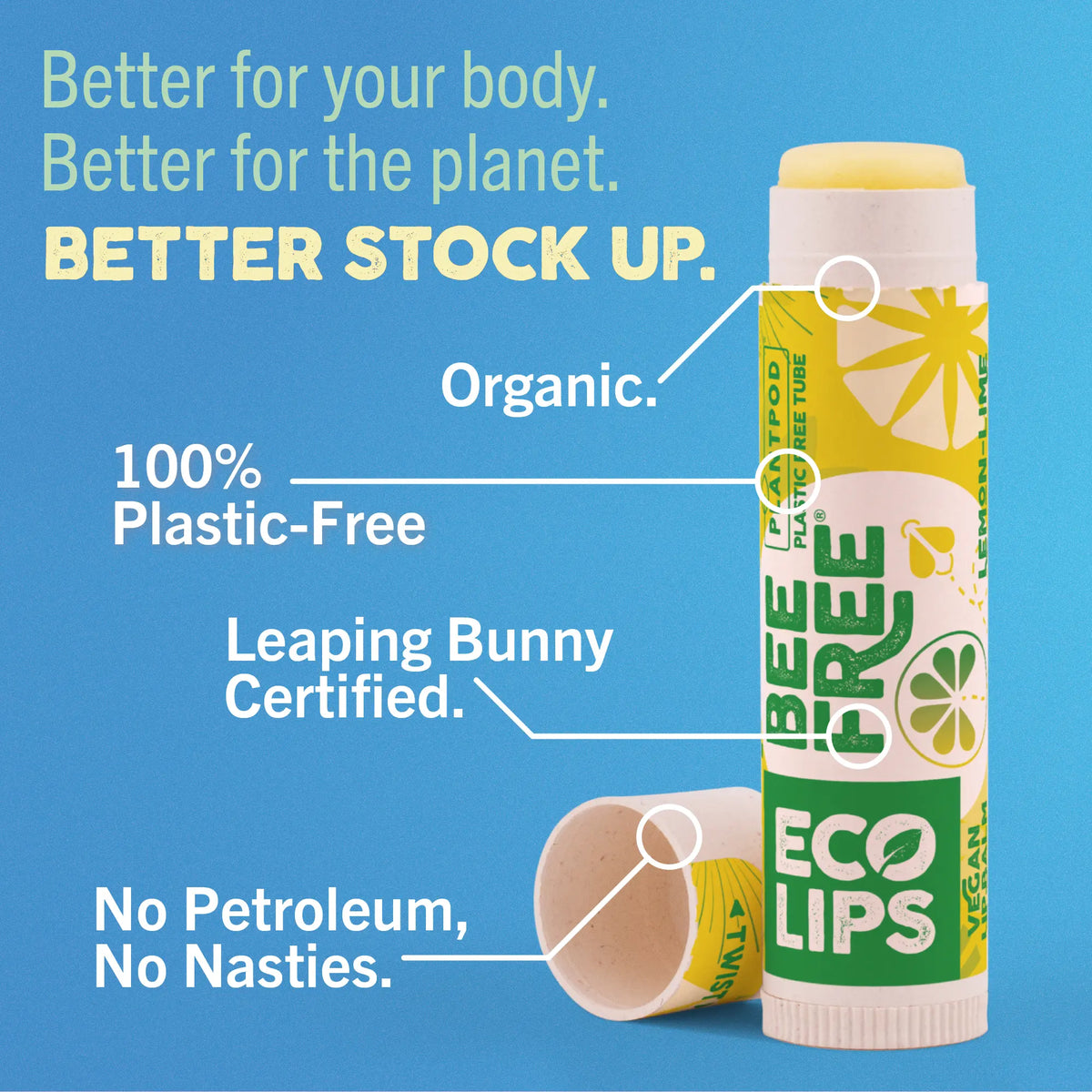 Bee Free Eco Lips product with certification details on a blue background