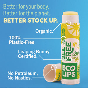 Eco-friendly lip balm brand advertisement with planet graphic and certification logos on a teal background.