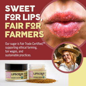 Eco-friendly lip balm advertisement with certification logos on a red background.