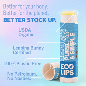 Eco-friendly lip balm advertisement with a blue background and Earth graphic, featuring certification logos.