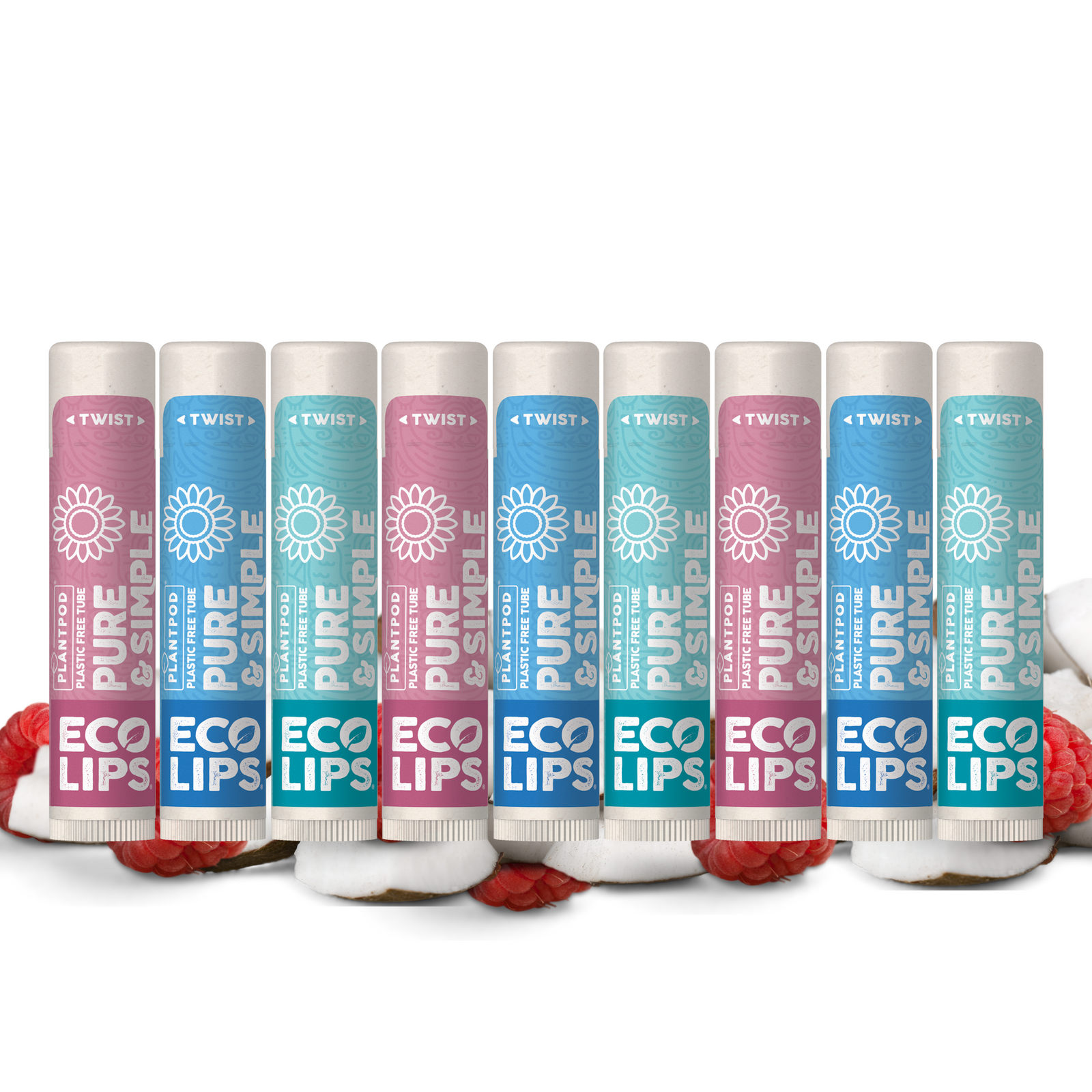 Row of Eco Lips lip balm tubes with visible branding on a white background