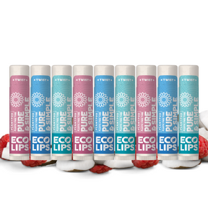 Lip balm tube labeled 'Pure &amp; Simple Eco Lips' with certification details on a gradient blue background