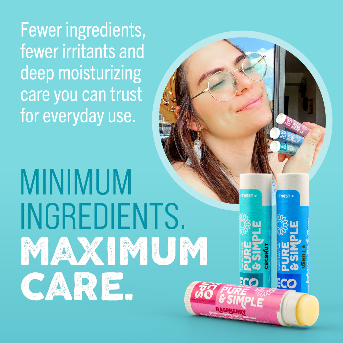 Product advertisement for 'Pure &amp; Simple' lip balms with text on a blue background