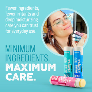 Lip balm tube labeled 'Pure &amp; Simple Eco Lips' with certification details on a gradient blue background