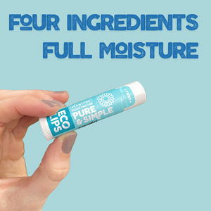Lip balm tube labeled 'Pure &amp; Simple Eco Lips' with certification details on a gradient blue background