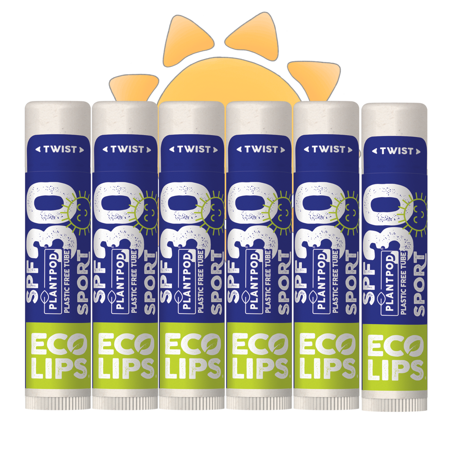 Set of six Plantpod Eco Lips SPF 30 Sport lip balms on a white background