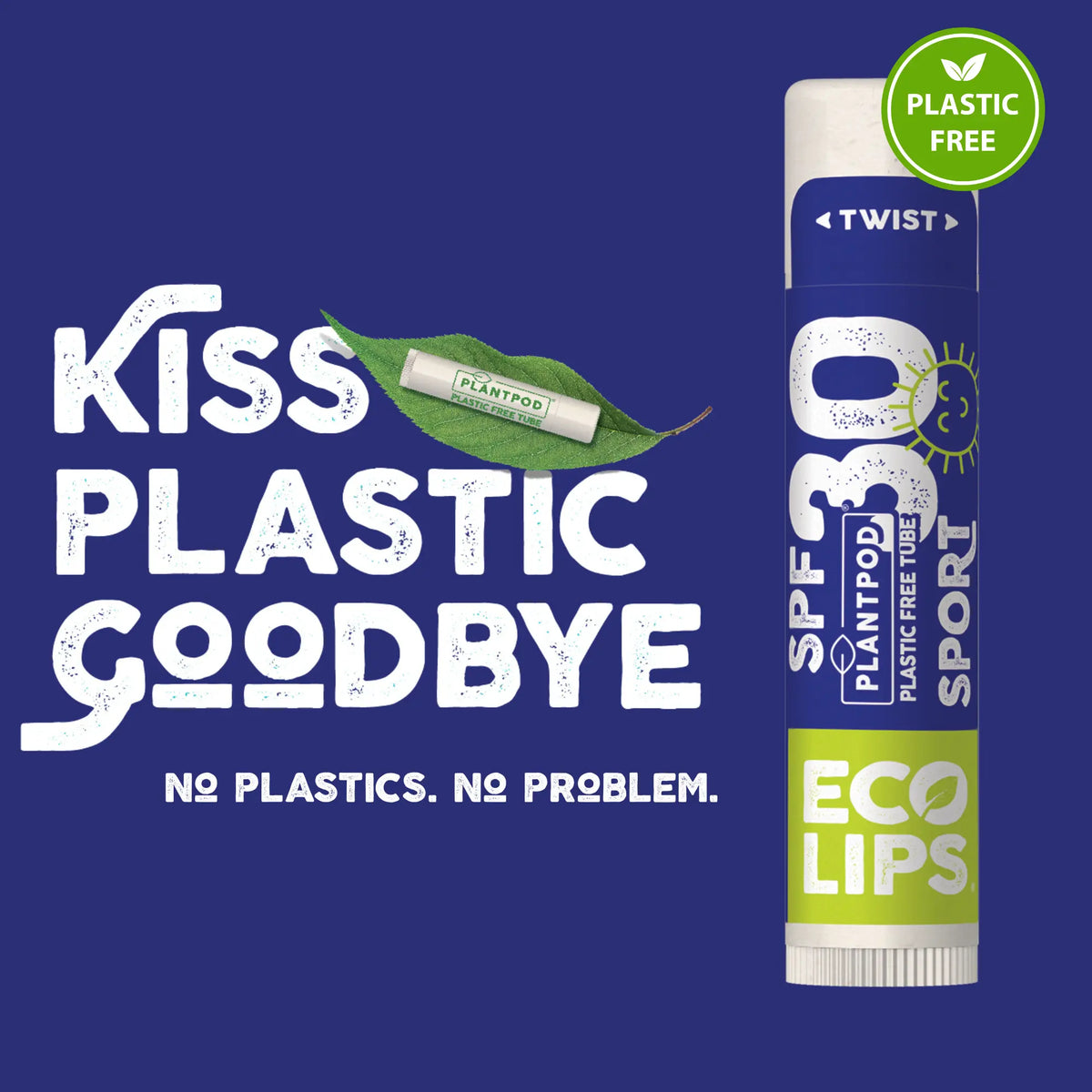 Lip balm with 'Kiss Plastic Goodbye' text on a blue background
