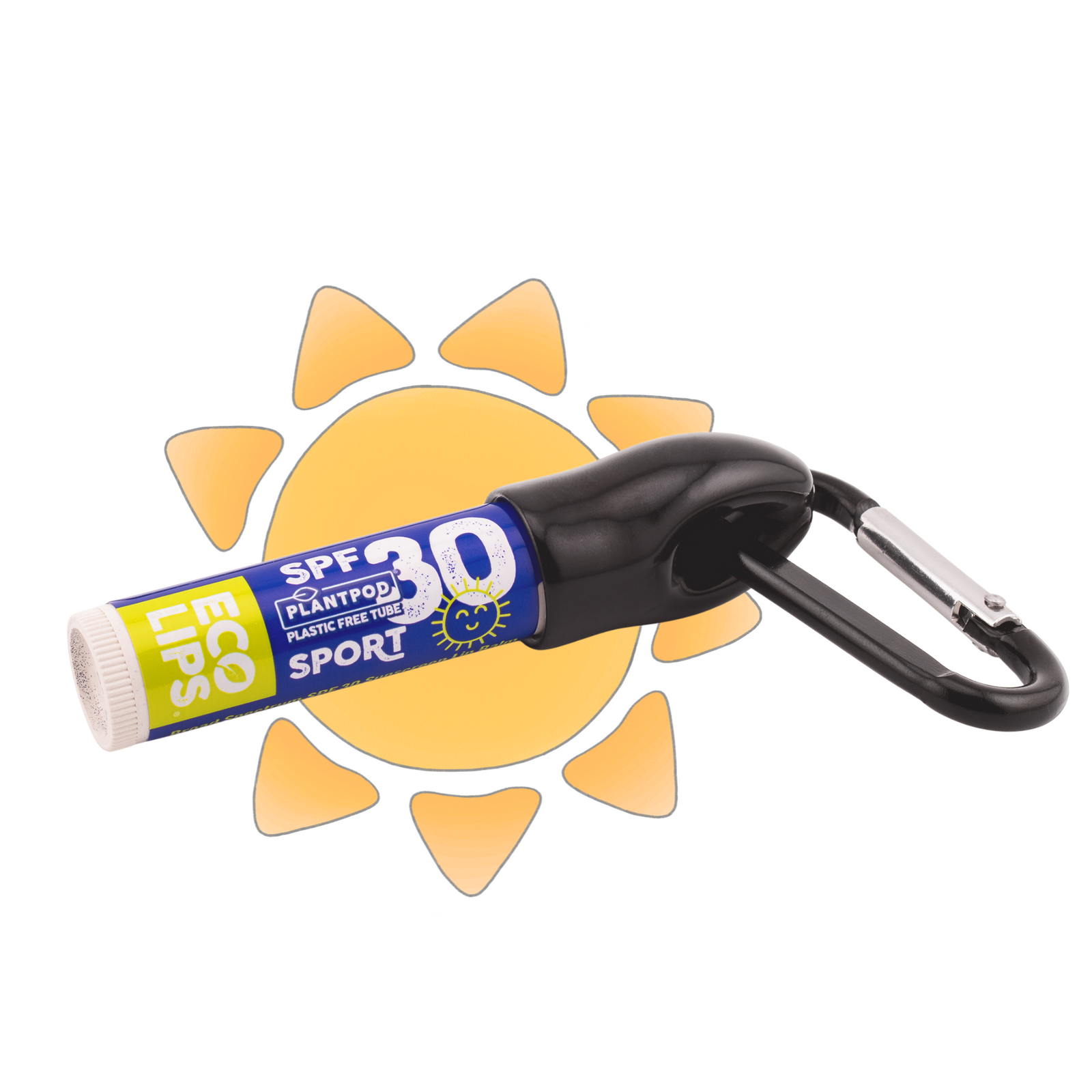 SPF 30 lip balm with carabiner on a sun-shaped background