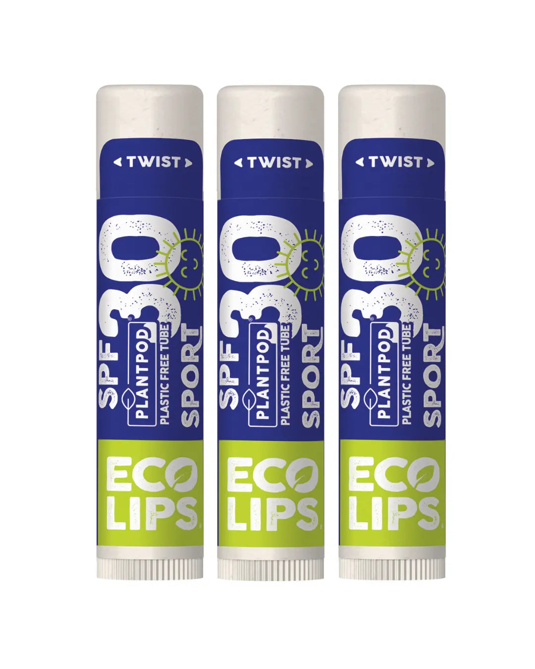 Three tubes of Plantpod SPF 50+ Sport Eco Lips lip balm shown side-by-side on a plain white background.