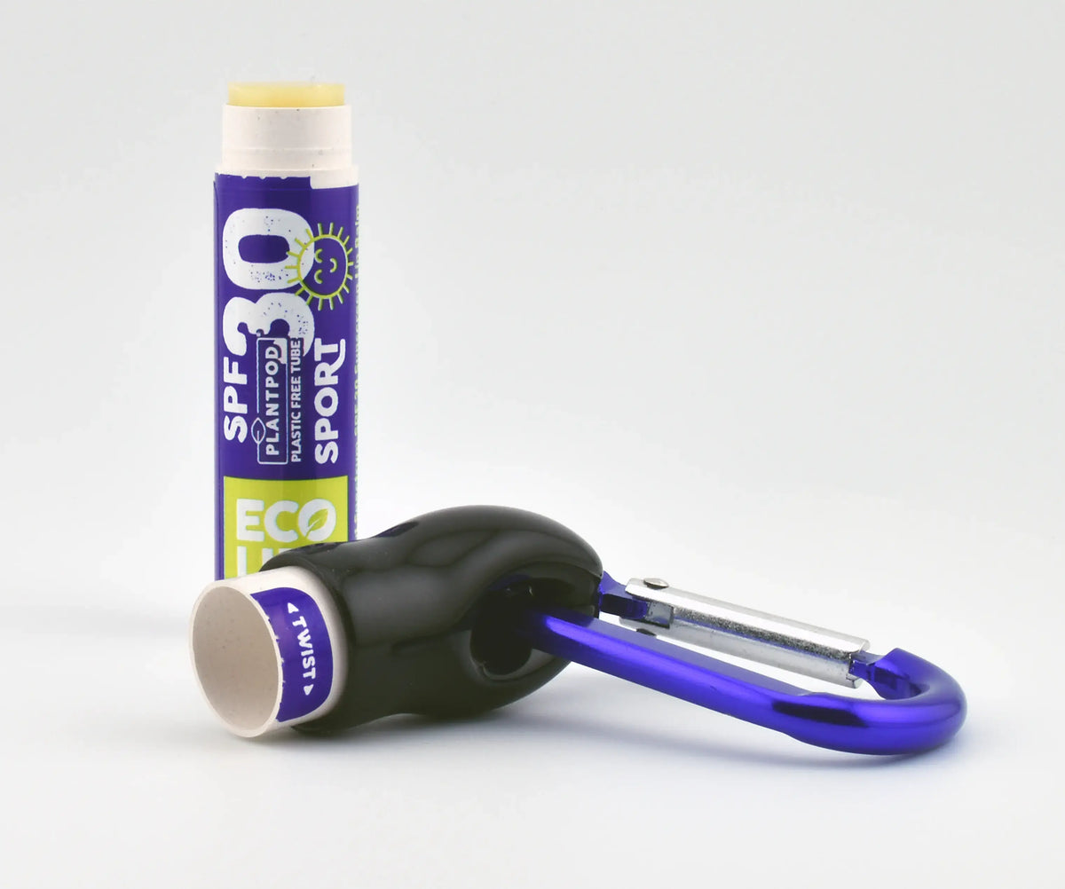 SPF lip balm with the lid attached to the carabiner