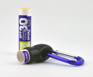 SPF lip balm with the lid attached to the carabiner