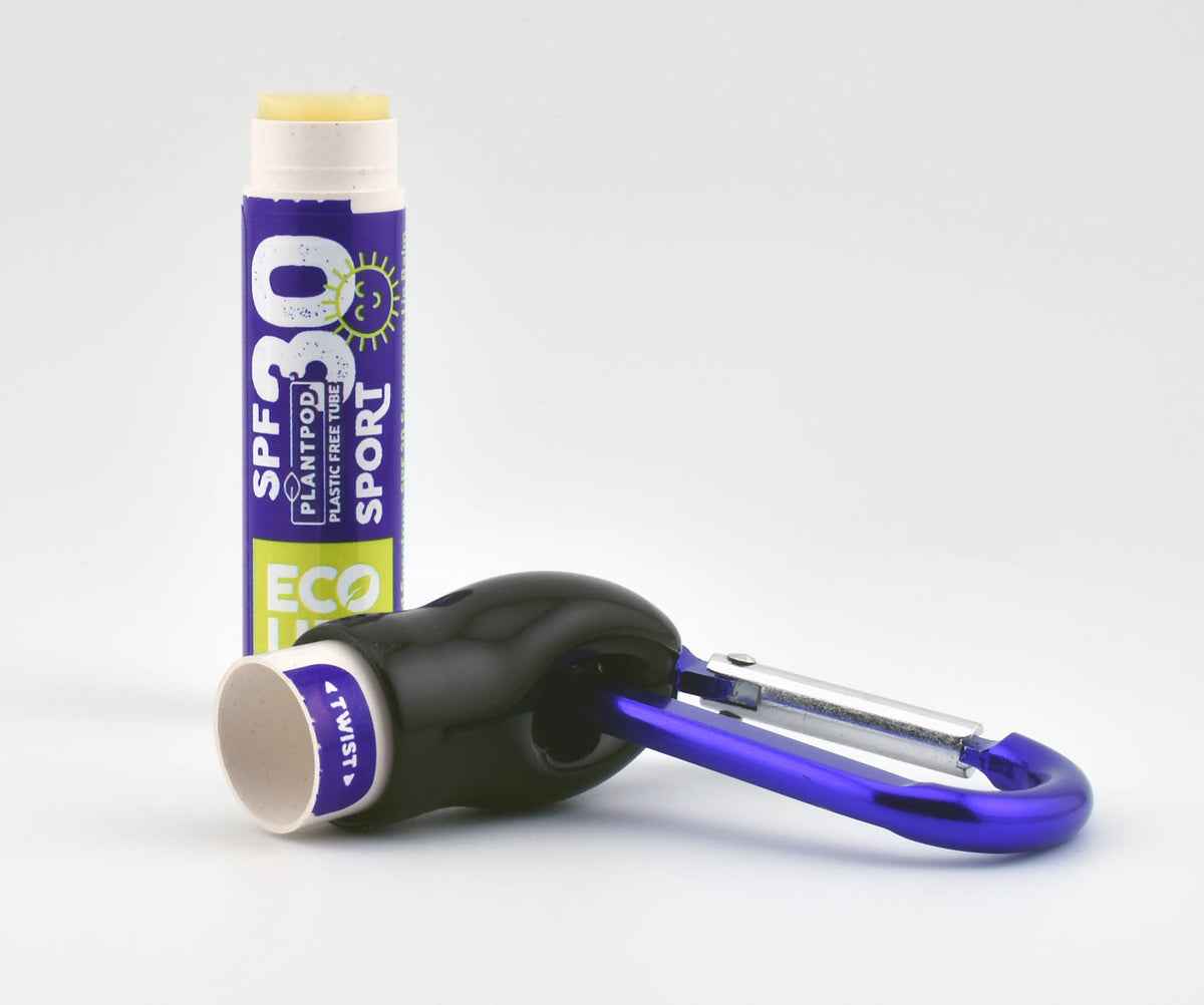 SPF lip balm with the lid attached to the carabiner