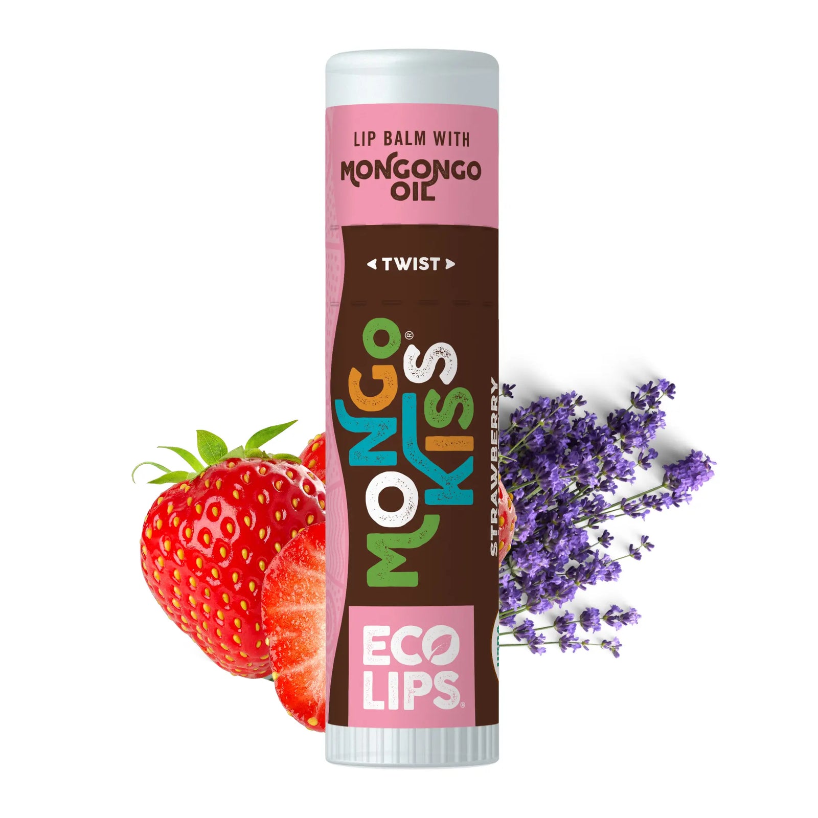 Lip balm with Mongongo oil packaging, strawberries, and lavender on a white background