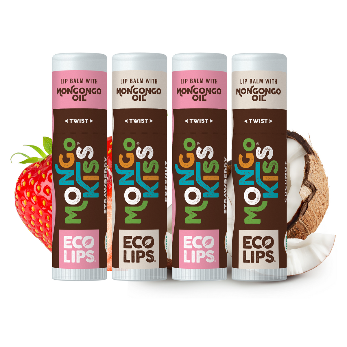 Four lip balm tubes with Mongongo oil branding, surrounded by a strawberry and coconut on a white background.