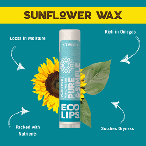 Lip balm tube labeled 'Pure &amp; Simple Eco Lips' with certification details on a gradient blue background