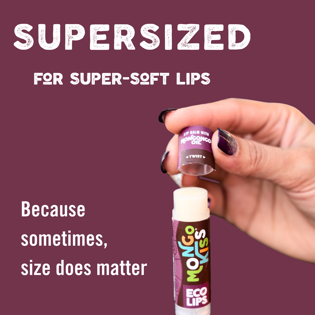 Hand holding a lip balm with text about supersized lip balm on a purple background