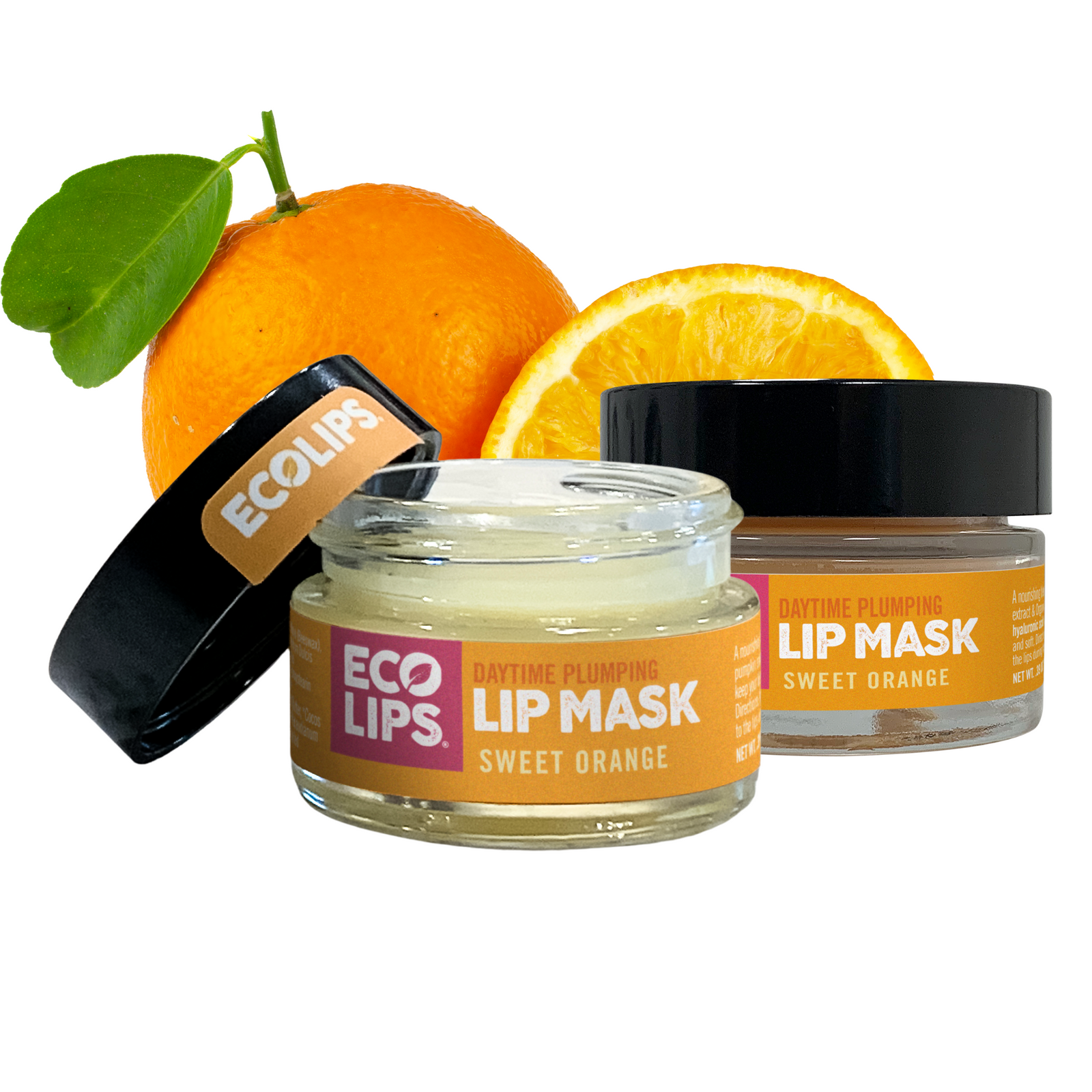 Two jars of Ecolips Sweet Orange lip mask with oranges and a leaf on a white background
