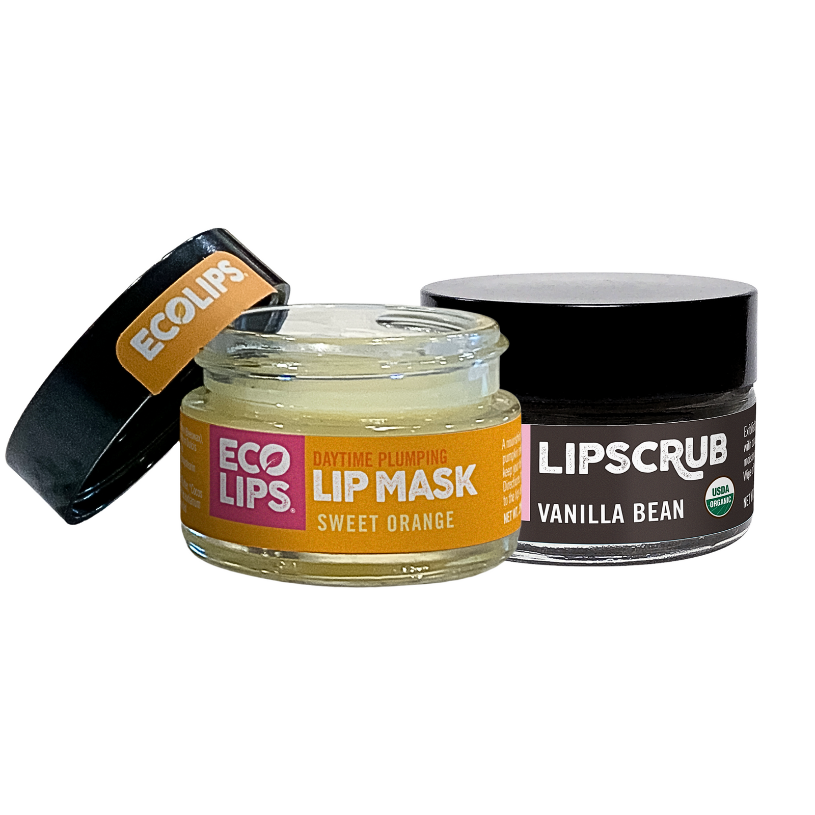 Two lip care products from Eco Lips one of sweet orange  lip mask and one of vanilla bean lip scrub  on a white background