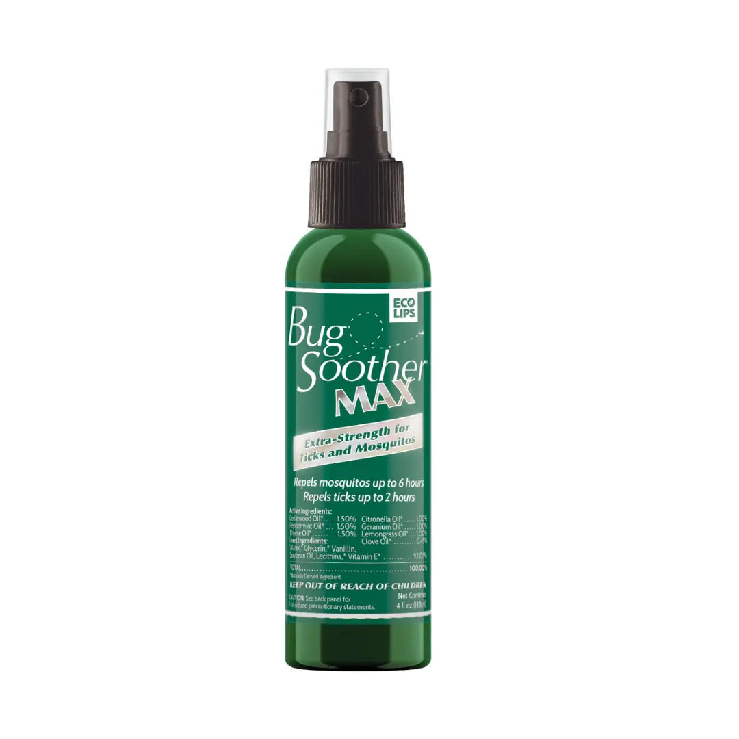 A green spray bottle labeled 'Bug Soother MAX Extra Strength Mosquito &amp; Tick Repellent' with a black spray nozzle.
