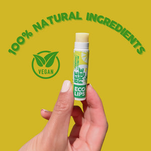 Eco-friendly lip balm brand advertisement with planet graphic and certification logos on a green background.
