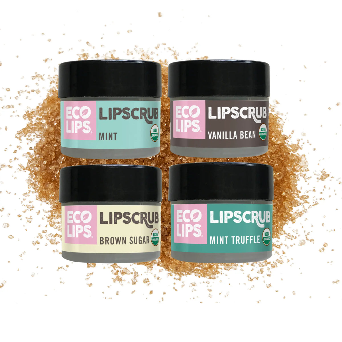 Four jars of Eco Lips lip scrubs with different flavors on a white background.
