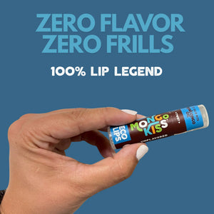 Eco-friendly lip balm advertisement with certification logos on a green background