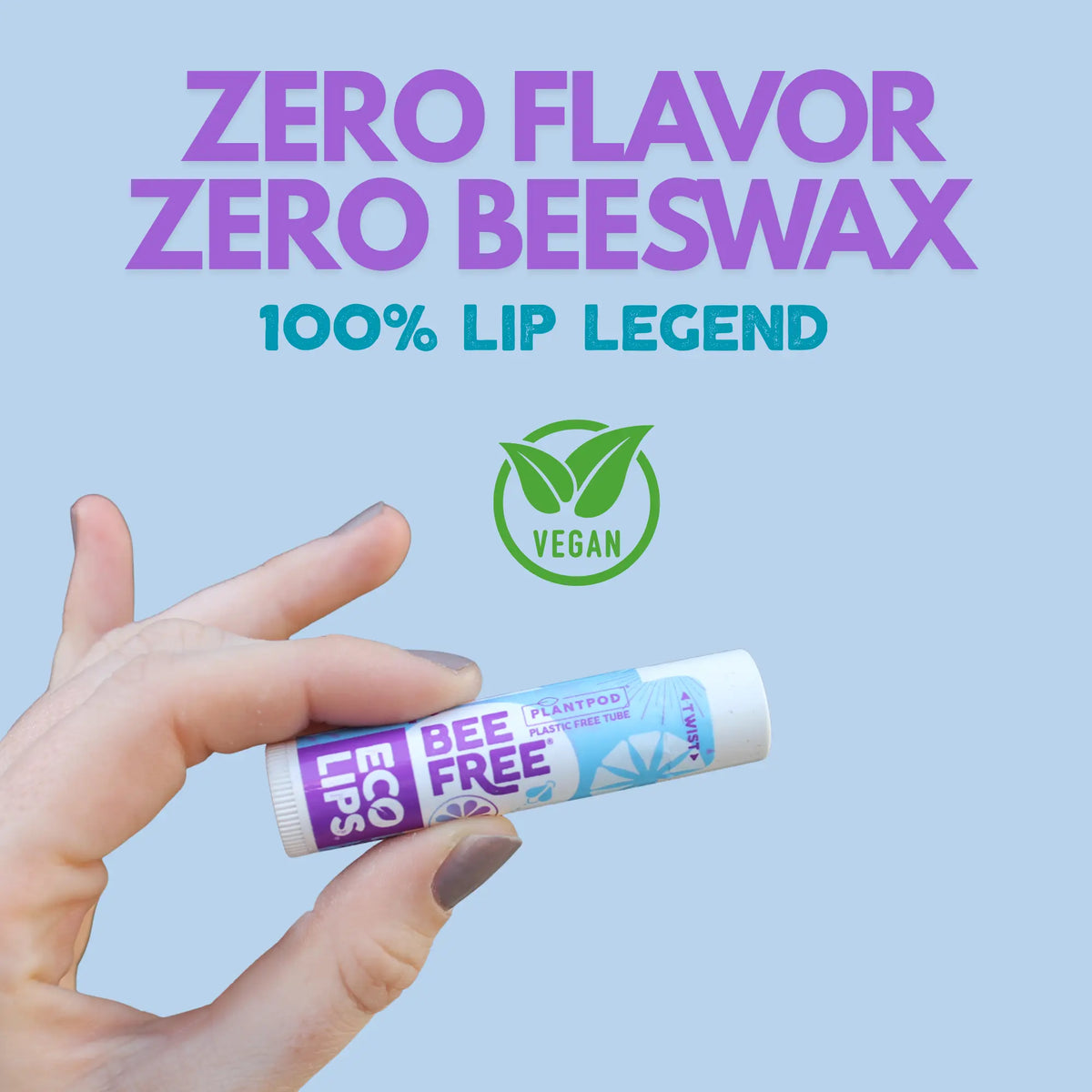 Hand holding a lip balm with 'Zero Flavor Zero Beeswax' text and '100% Lip Legend' branding on a light blue background.