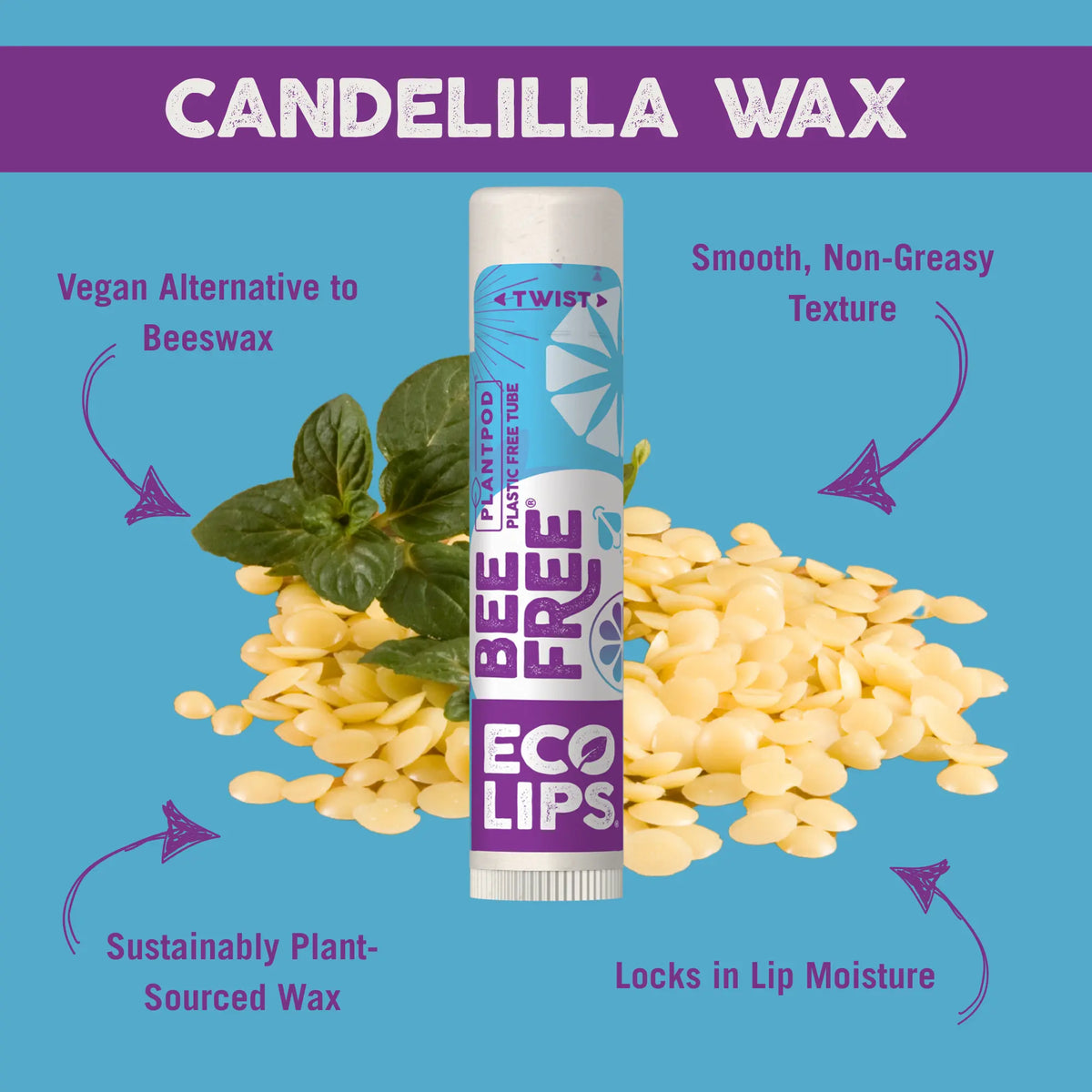Eco Lips candleilla wax product with text highlighting features on a blue background